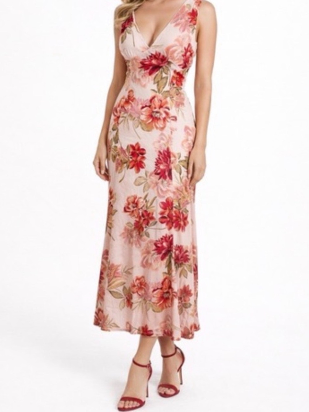 Floral V-Neck Maxi Dress in Blush and Red Floral